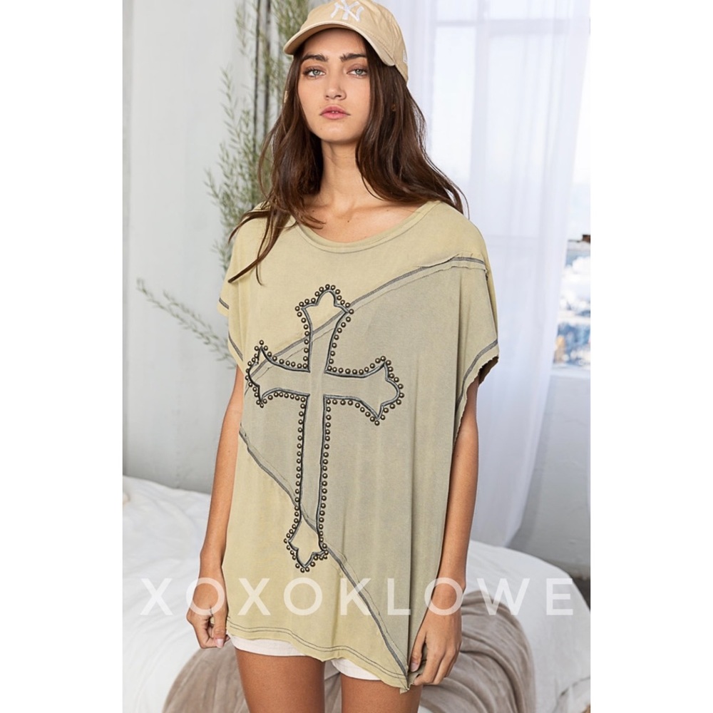 POL Olive Two Tone Studded & Embroidered Cross Top - Picture 4 of 14